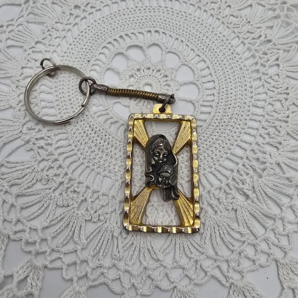 Vintage Madonna and Child Pendant Key Chain Rectangular Virgin Mary Medal